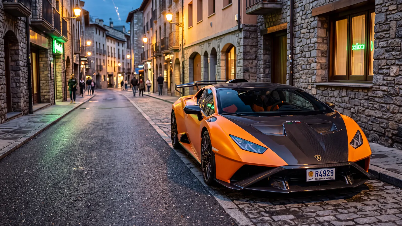 Lamborghini Huracán STO orange de La Menace, capot carbone, garée dans une rue européenne la nuit